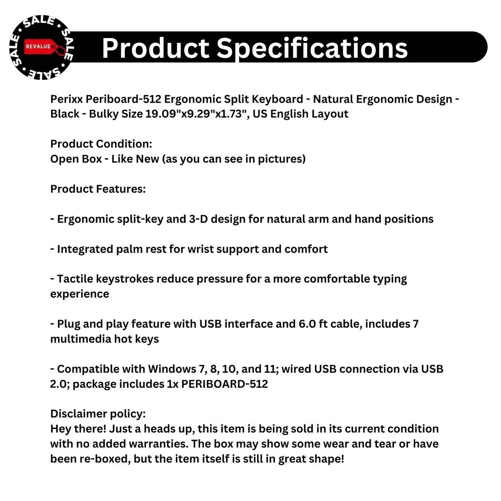 Perixx Periboard-512 Wired Ergonomic Split Keyboard Palm Rest Multimedia Keys‎